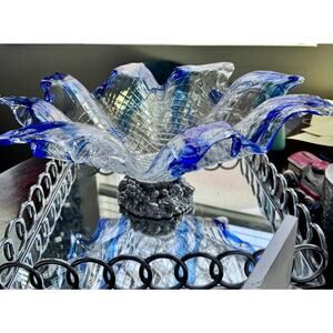 Murano White/Blue Glass Bowl W/ Silver Fruit Base W/Original Sticker Italy HEAVY